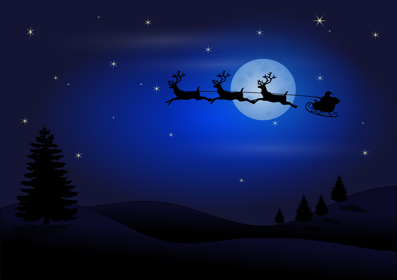 Silhouette of Santa and reindeer flying past the moon.