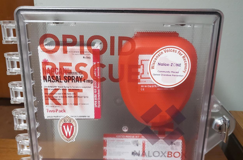 A naloxone box on UW-Oshkosh's campus for people overdosing from opioids. 
