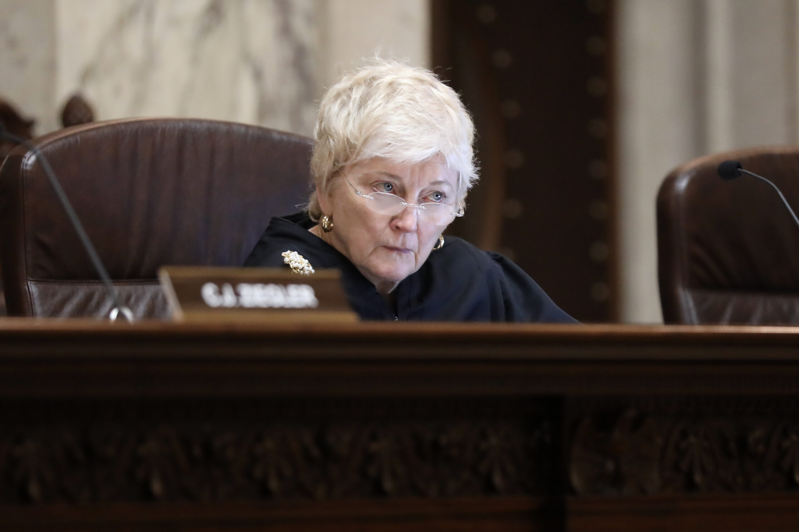 Patience Roggensack is seen at oral arguments in a case heard by the state Supreme Court