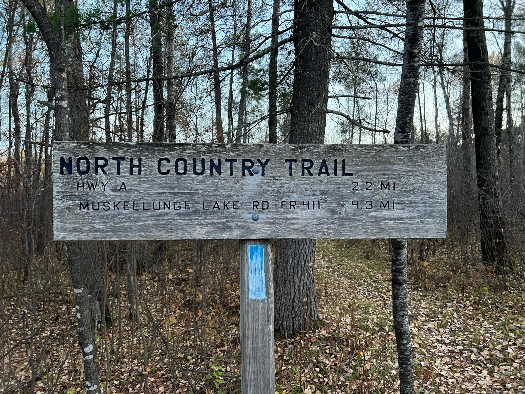 The North Country National Scenic Trail is marked with segment signs and blue blazes.