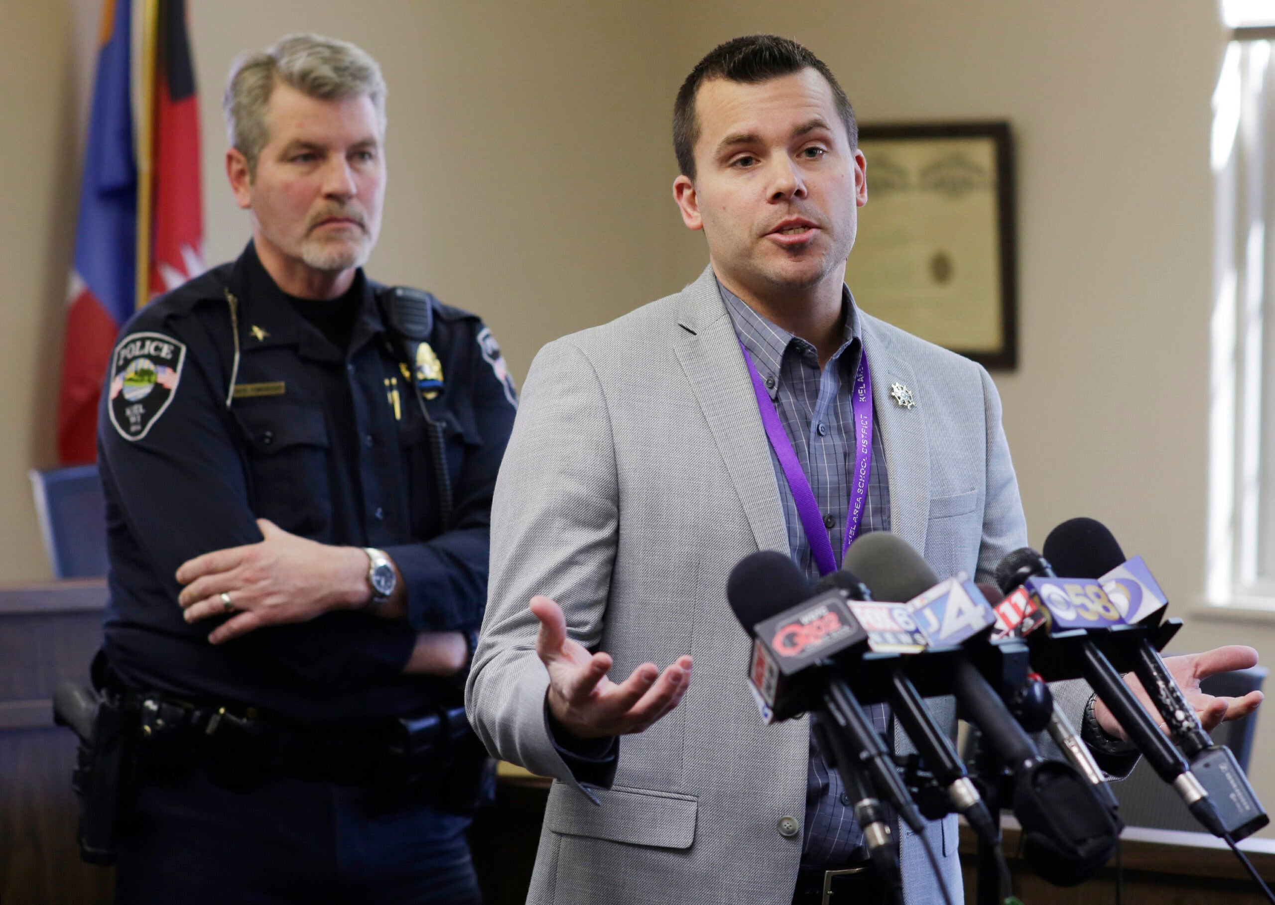Kiel Superintendent Brad Ebert speaks during a late morning press conference at Kiel City Hall