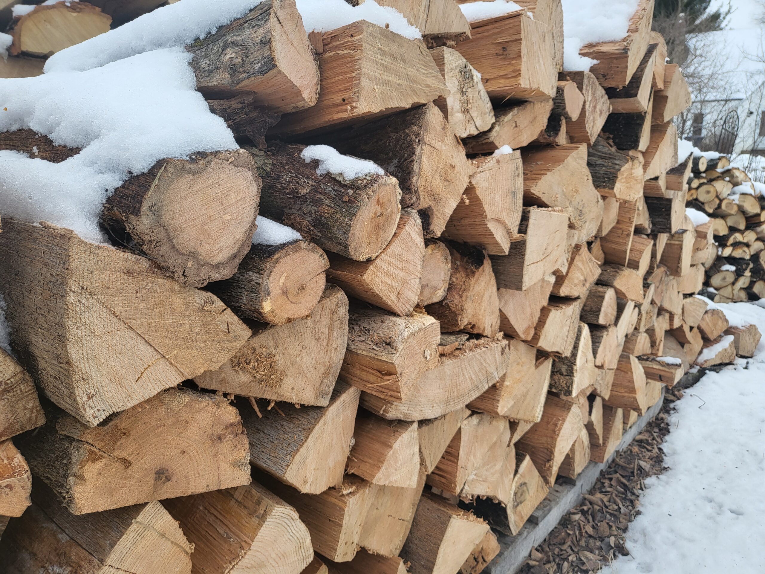 Logs cut for firewood are stacked high. There is snow on top of them.