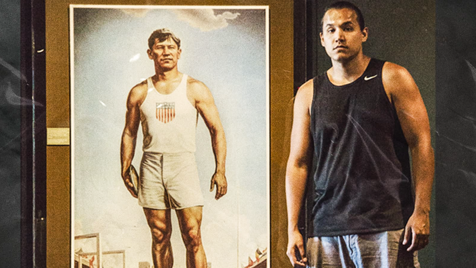 Tall Paul alongside a portrait of athlete Jim Thorpe, on the cover of his album "The Story of Jim Thorpe"