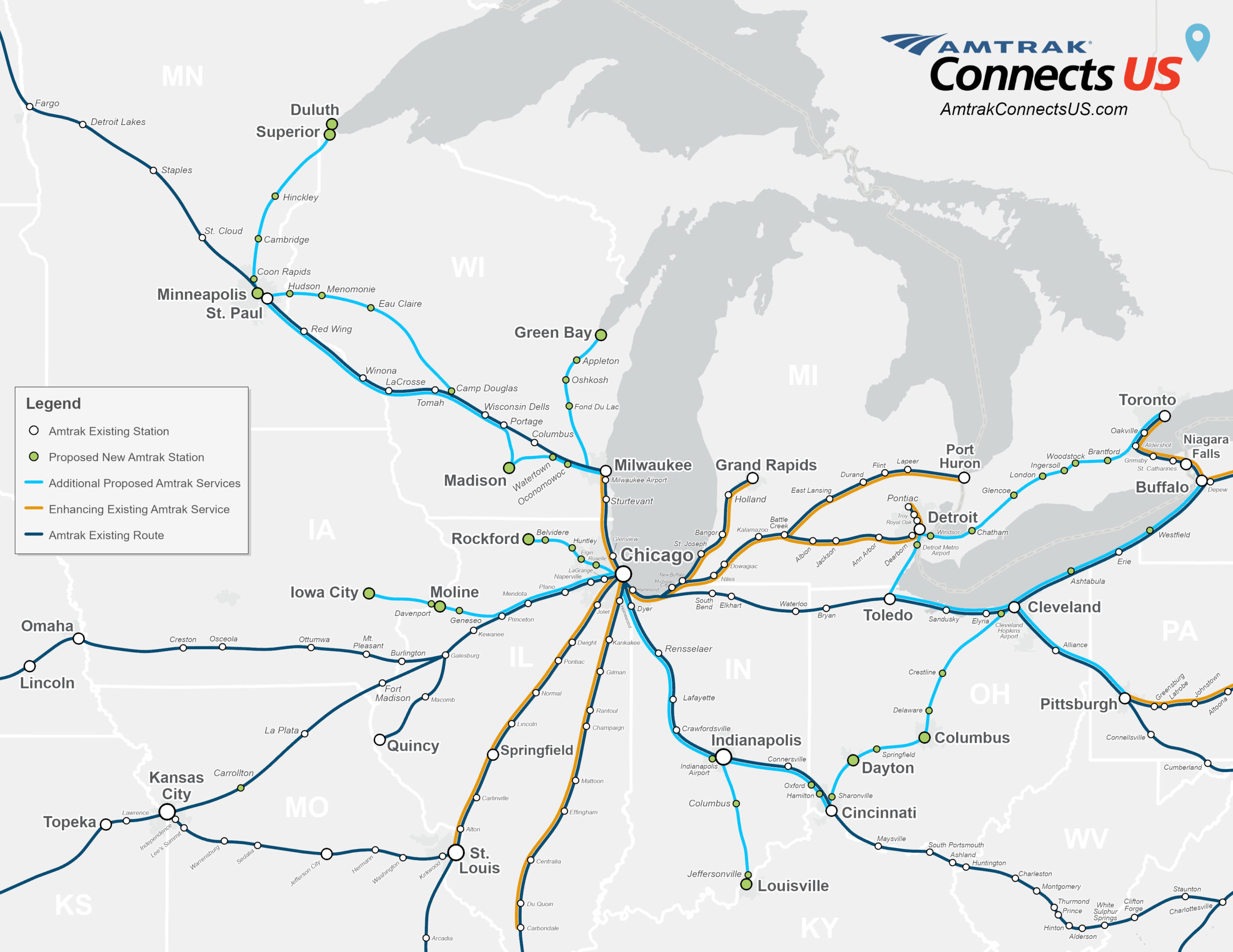 This map details possible Amtrak expansions in the Midwest, including potential connections to Madison and Green Bay