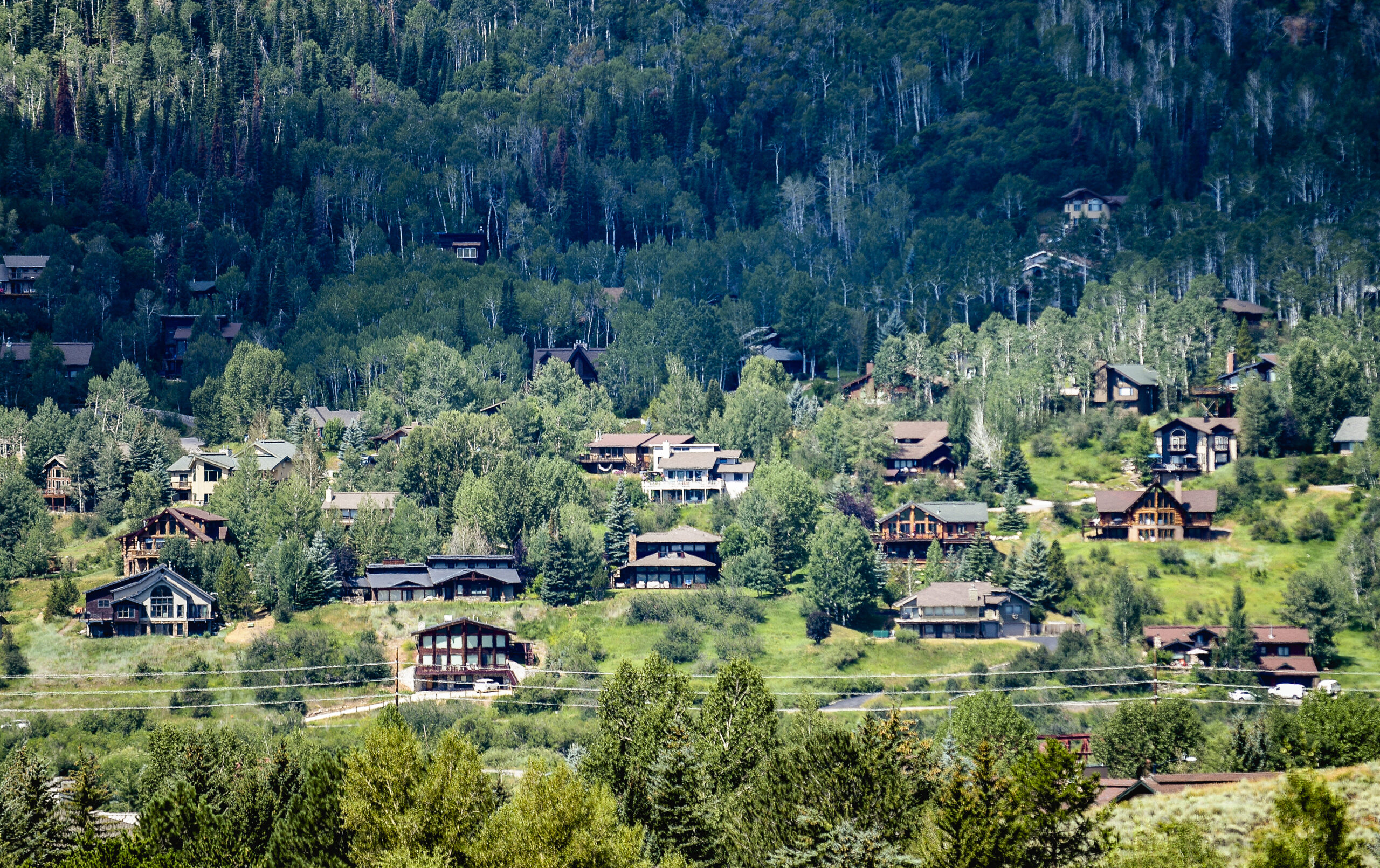 An overhead picture shows several houses on a wooded hillside.