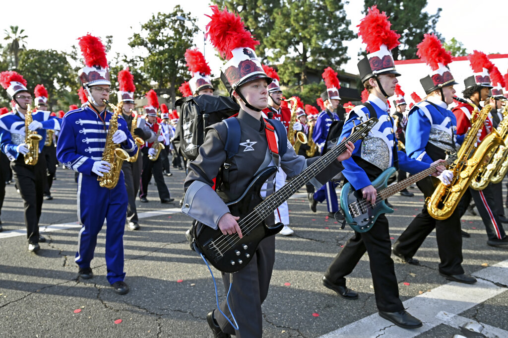 The Northwoods Marching Band performs at the 134th Rose Parade in Pasadena, California