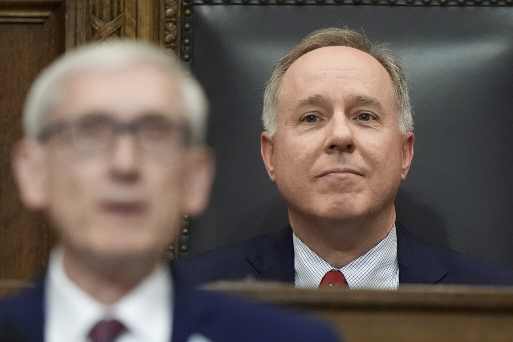 Assembly Speaker Robin Vos watches as Wisconsin Gov. Tony Evers speaks during the annual State of the State address Tuesday, Jan. 24, 2023
