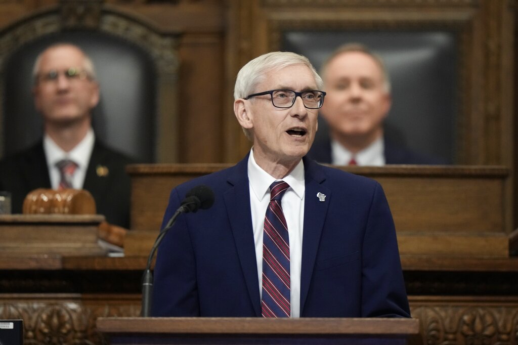Gov. Tony Evers speaks during the annual State of the State address Tuesday, Jan. 24, 2023