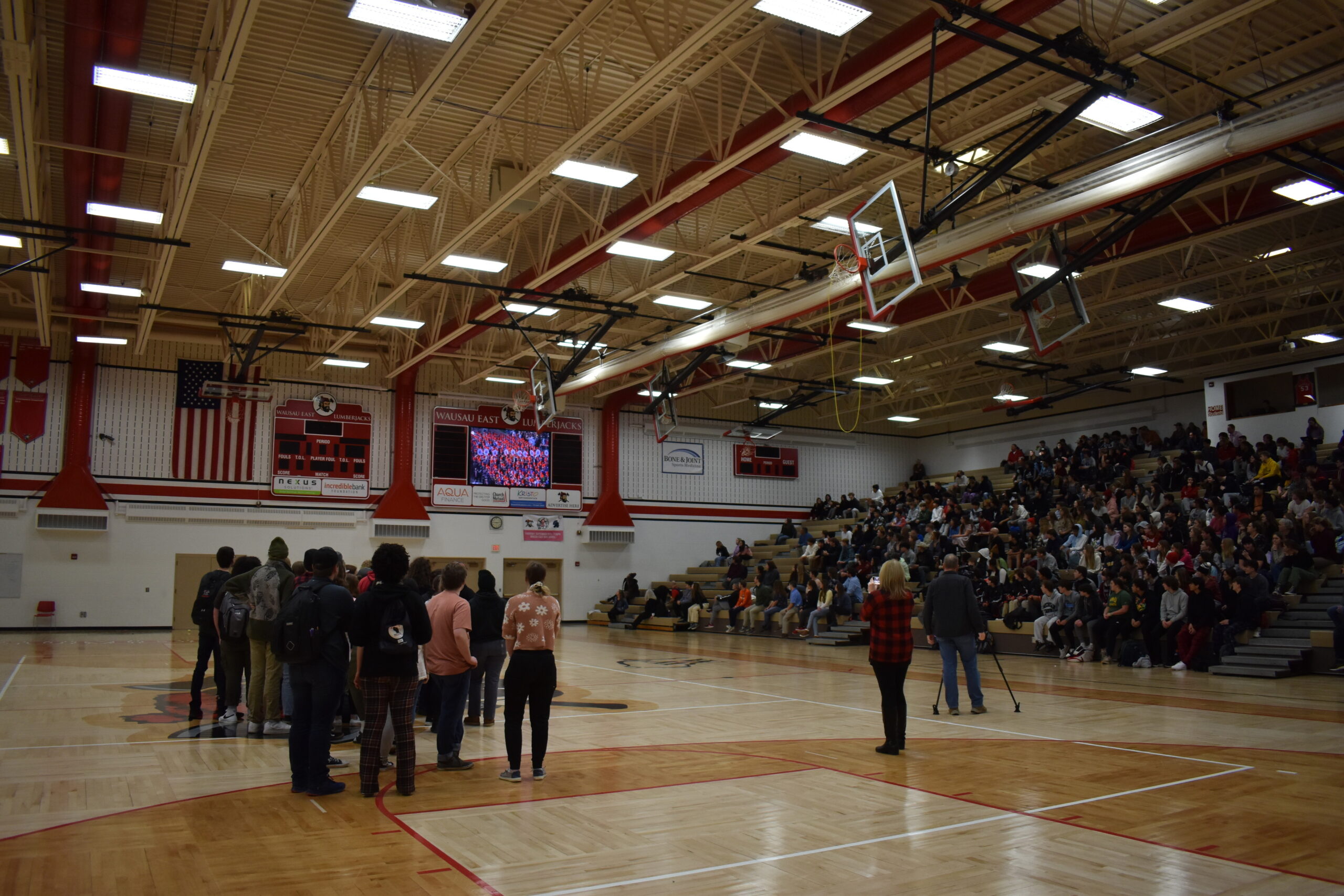 Members of the Northwoods Marching Band are honored at a surprise pep rally at Wausau East High School