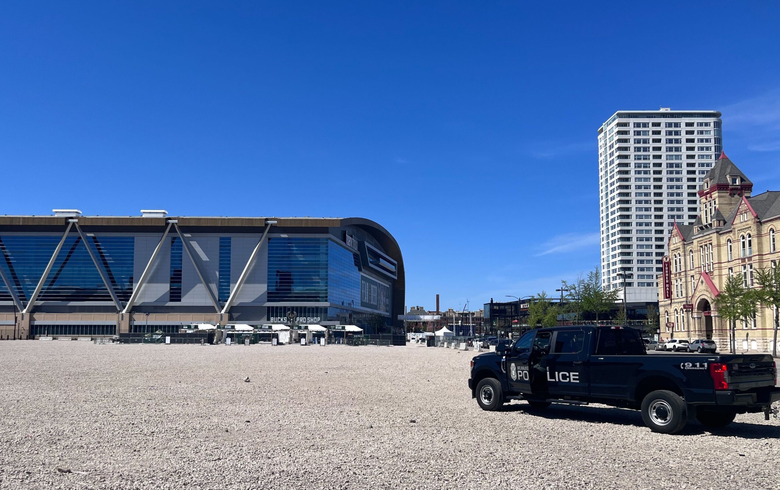 A police car near Fiserv Forum in Milwaukee