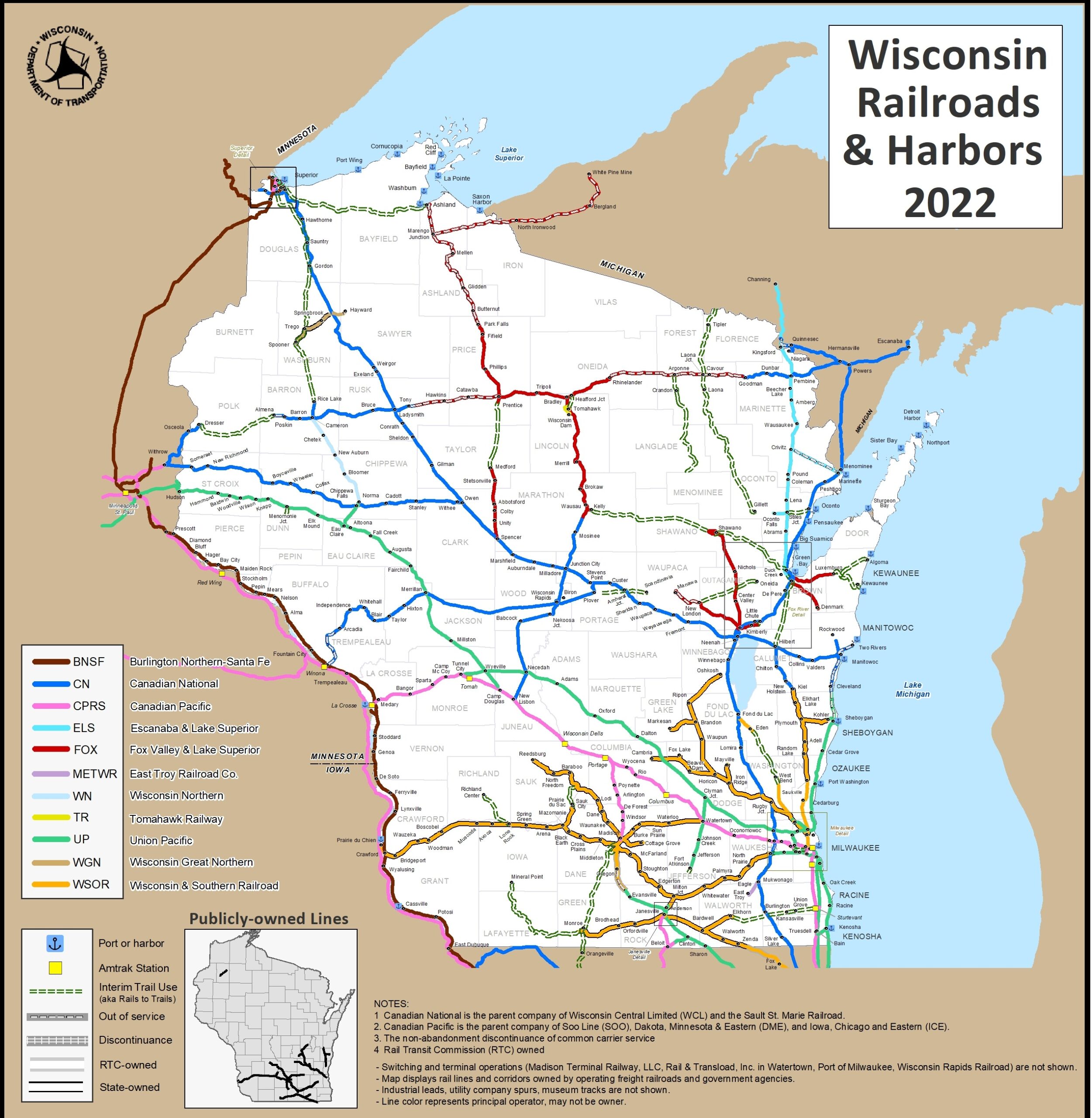 A map of Wisconsin showing the railroads and harbors in the state
