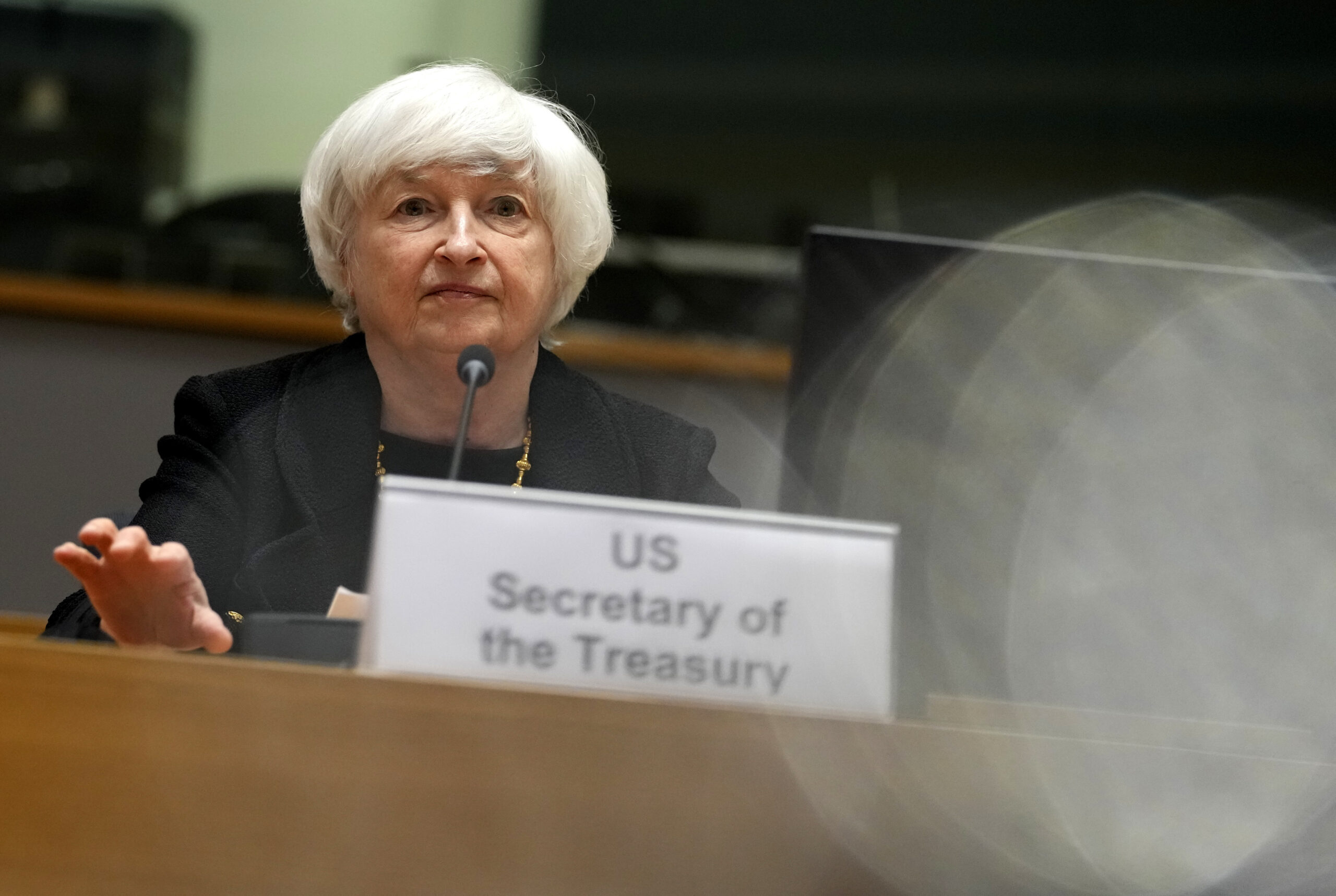U.S. Treasury Secretary Janet Yellen prepares to speak during a meeting of eurogroup finance ministers