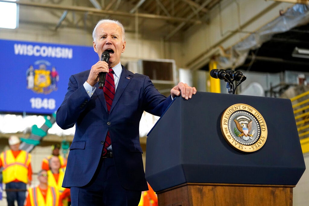 President Joe Biden speaks about his economic agenda at LIUNA Training Center, Wednesday, Feb. 8, 2023, in DeForest, Wis.