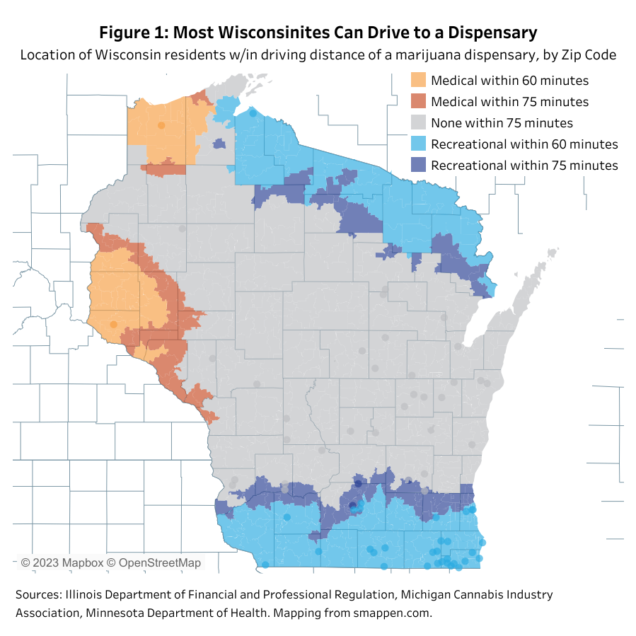 Map of Wisconsin zip codes that are an easy drive from a marijuana dispensary