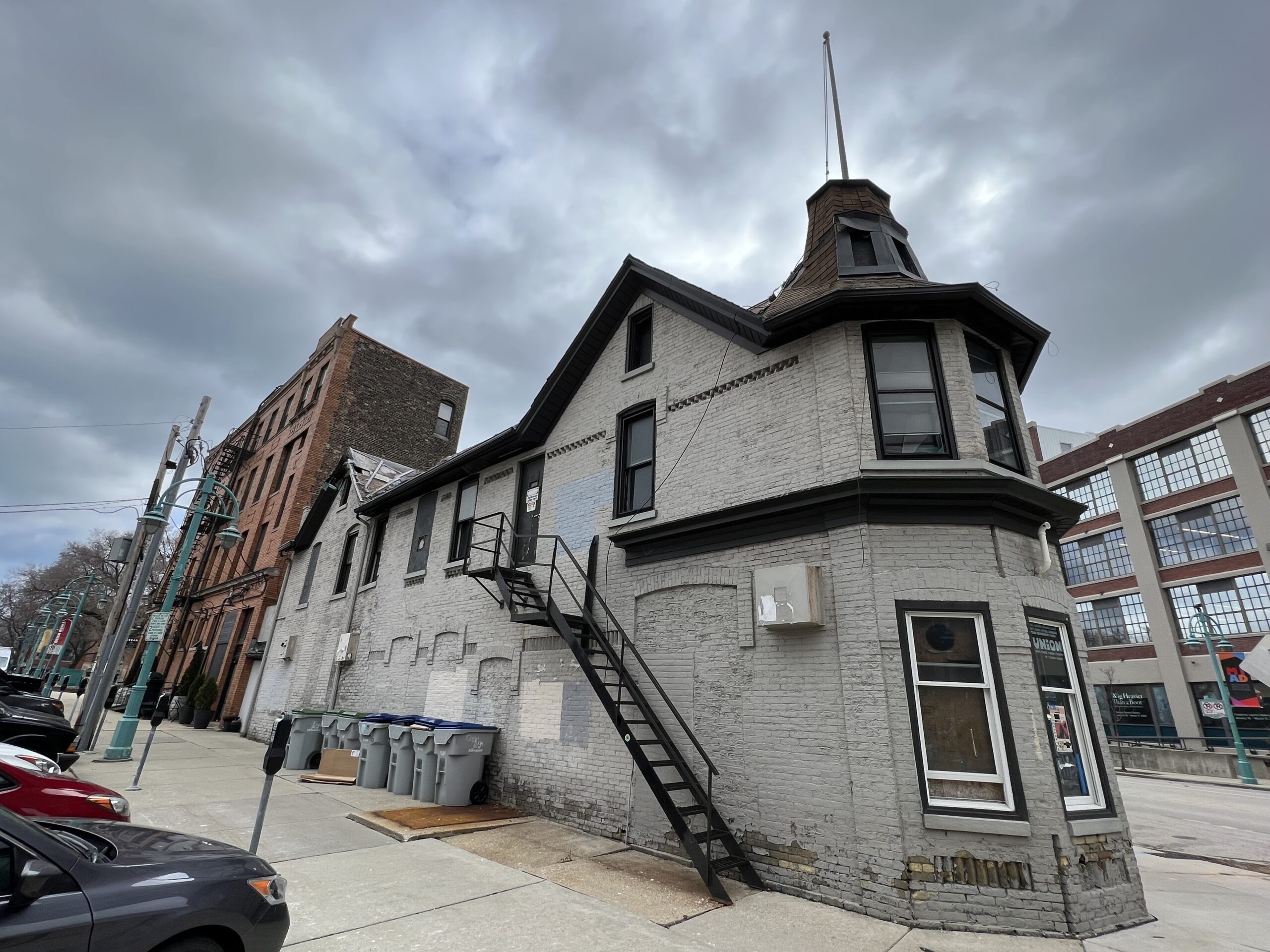 The Wreck Room Saloon in Milwaukee, a grey brick building