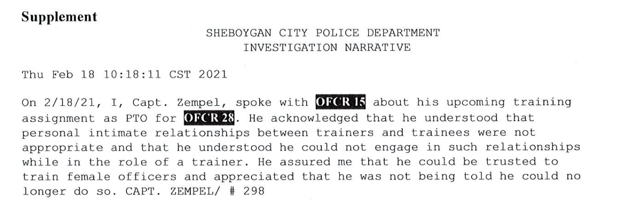 excerpt from internal investigation at Sheboygan police department