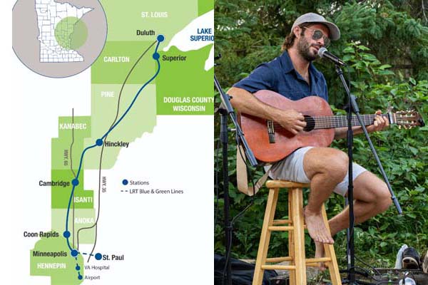 A map of the proposed route of the Northern Lights Express train (left) and musician (right) Gavin St. Clair.