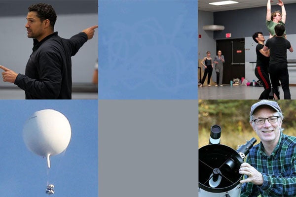 On the upper right is Choreographer Adam McKinney, directing the Minnesota Ballet in Duluth during a rehearsal of his ballet Home Ablating Downstream. The dancers are on the upper right. On the lower right, Bob King a.k.a. "Astro Bob" poses with one of hi