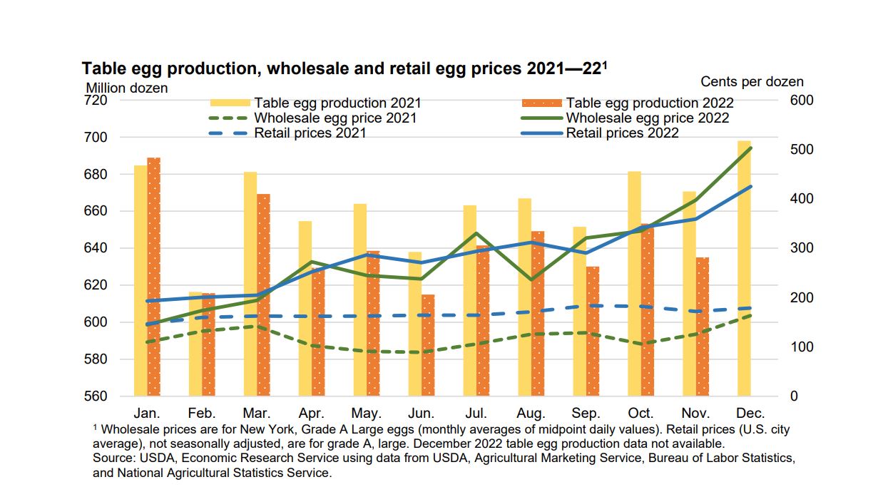 Chart showing egg prices and production for 2021 and 2022