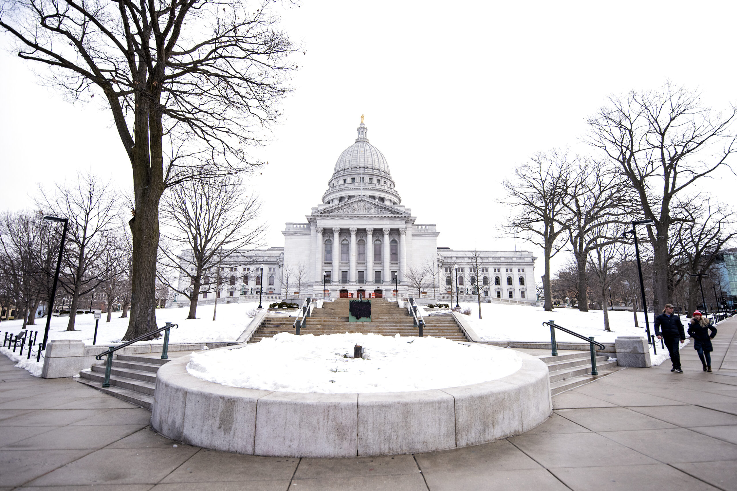 A snowy scene at the Wisconsin State Capitol