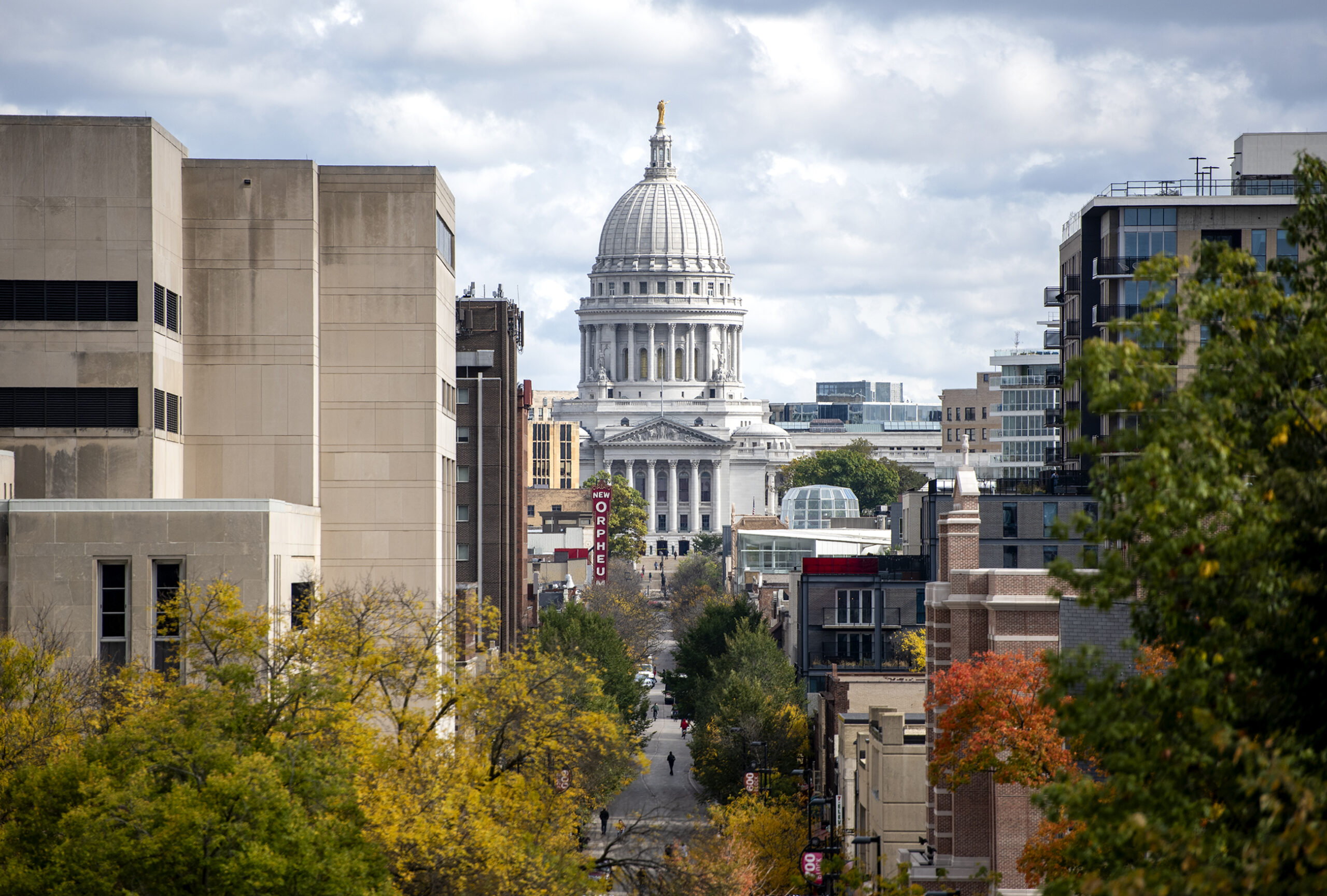 The Wisconsin State Capitol and State Street are seen from Bascom Hill