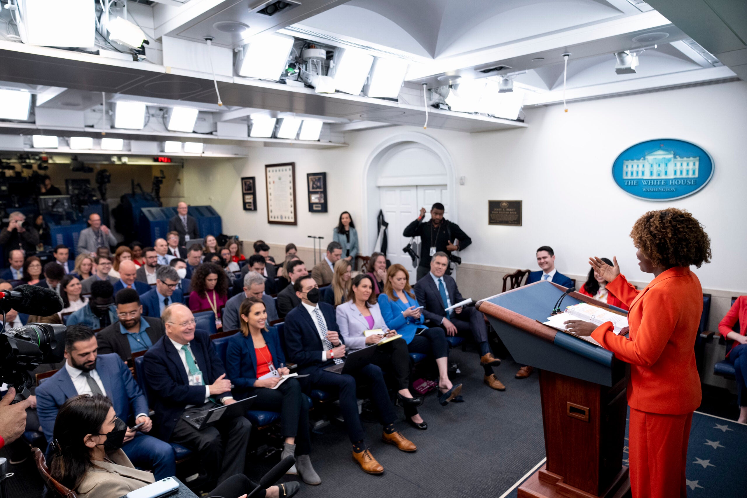 White House press secretary Karine Jean-Pierre speaks at a press briefing.