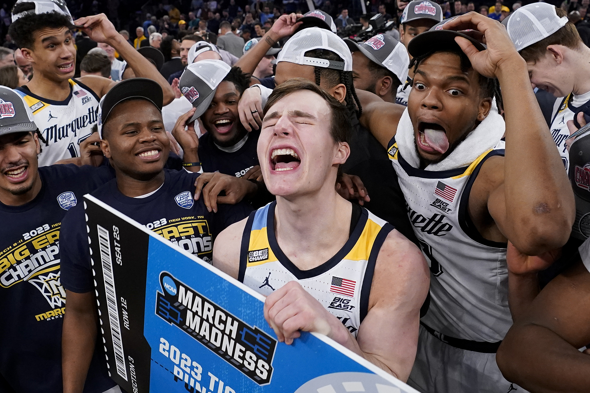 Marquette's Tyler Kolek celebrates with his teammates.