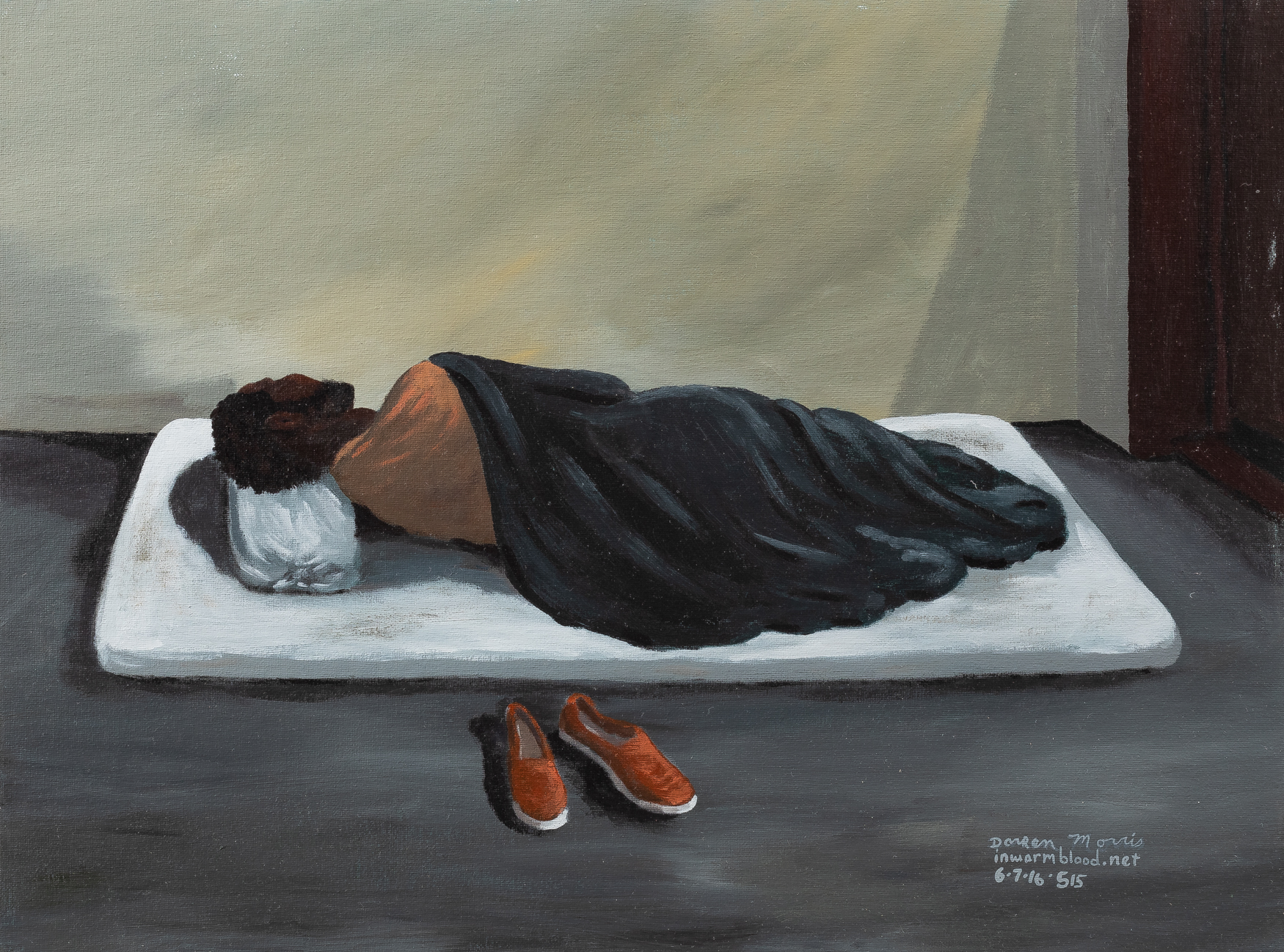 A painting of a man sleeping on the floor in a prison