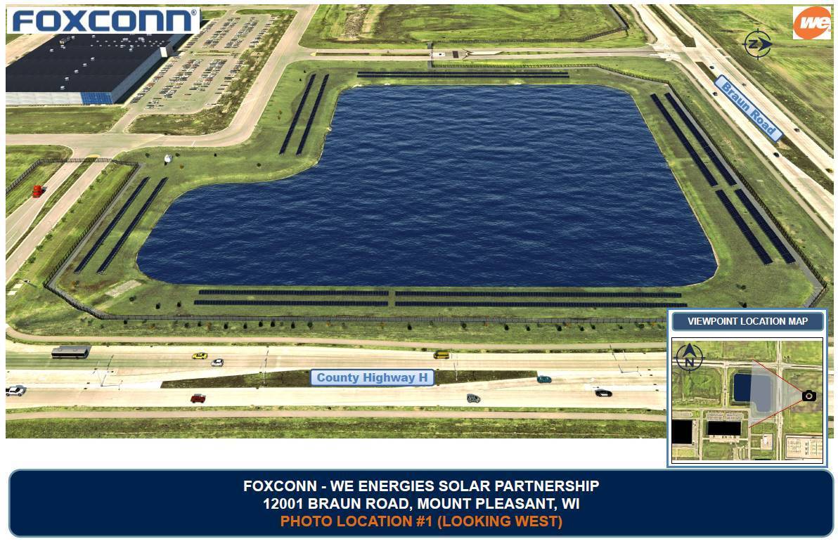 This is a rendering of the solar panels that are planned to be installed around a retention pond on Foxconn's Mount Pleasant Property.