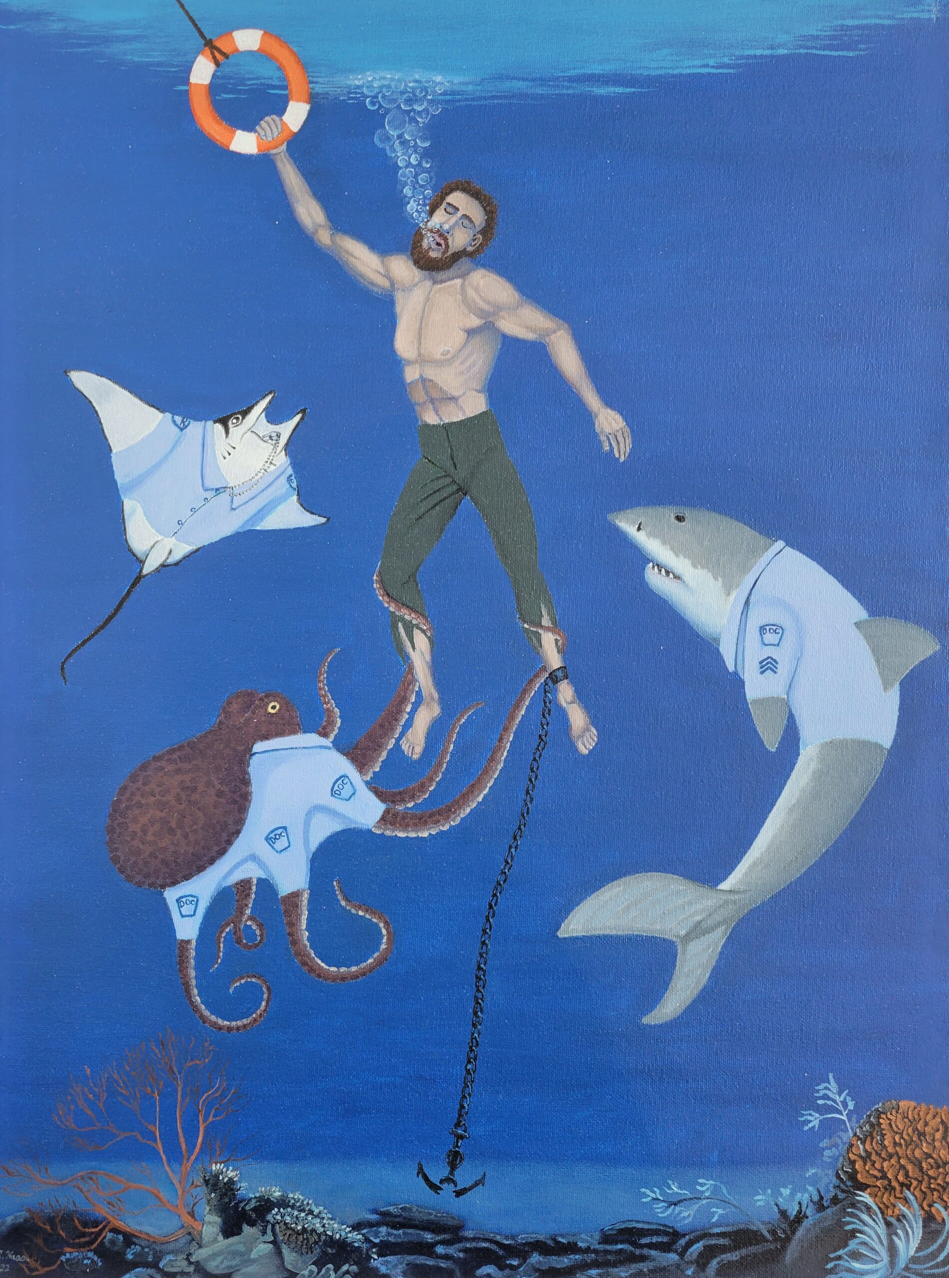 A painting of a man being held underwater by various sea creatures