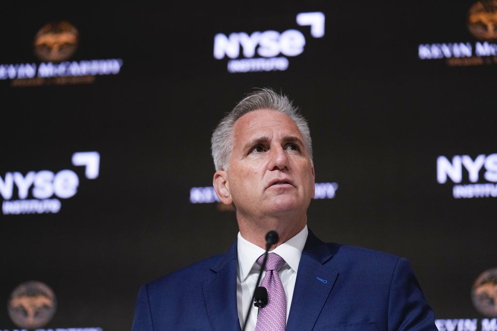 Speaker of the House Kevin McCarthy speaks during an event at the New York Stock Exchange in New York, Monday, April 17, 2023.