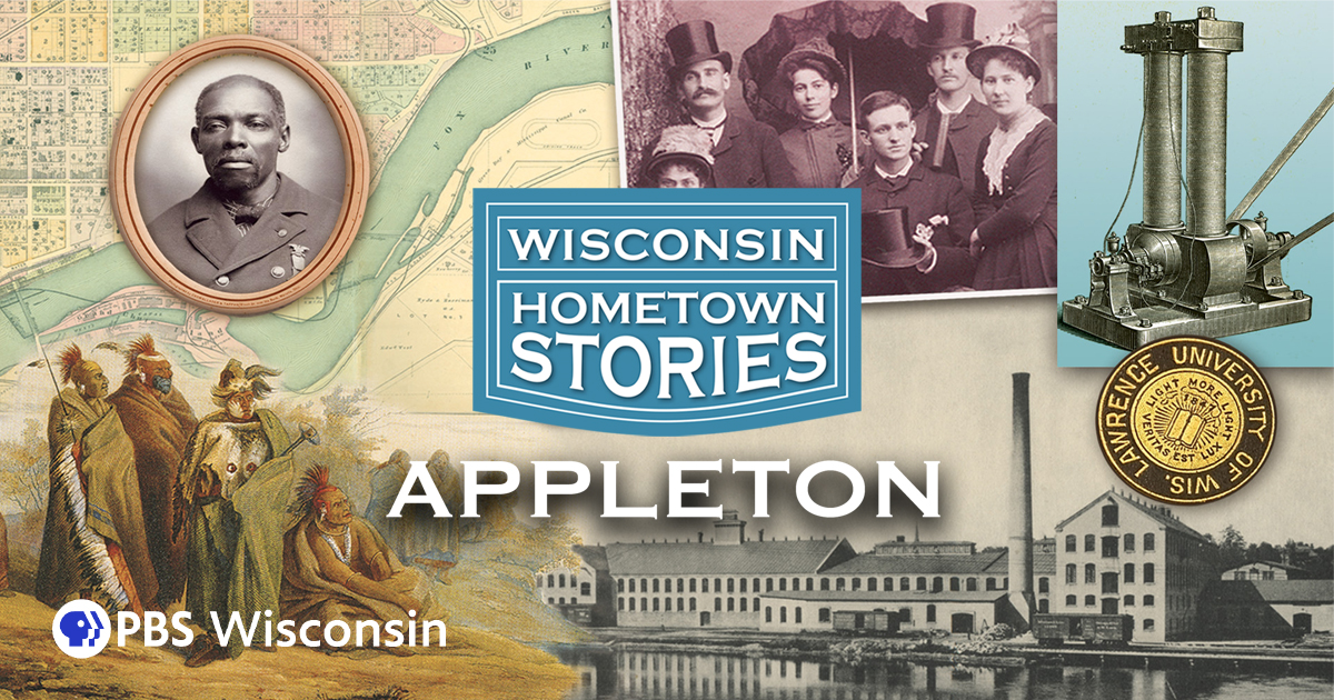 Cover art for Wisconsin Hometown Series: Appleton documentary. Features old maps, Native Amiercans and other historical figures.