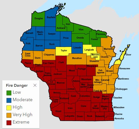 State map showing 37 counties under extreme fire danger