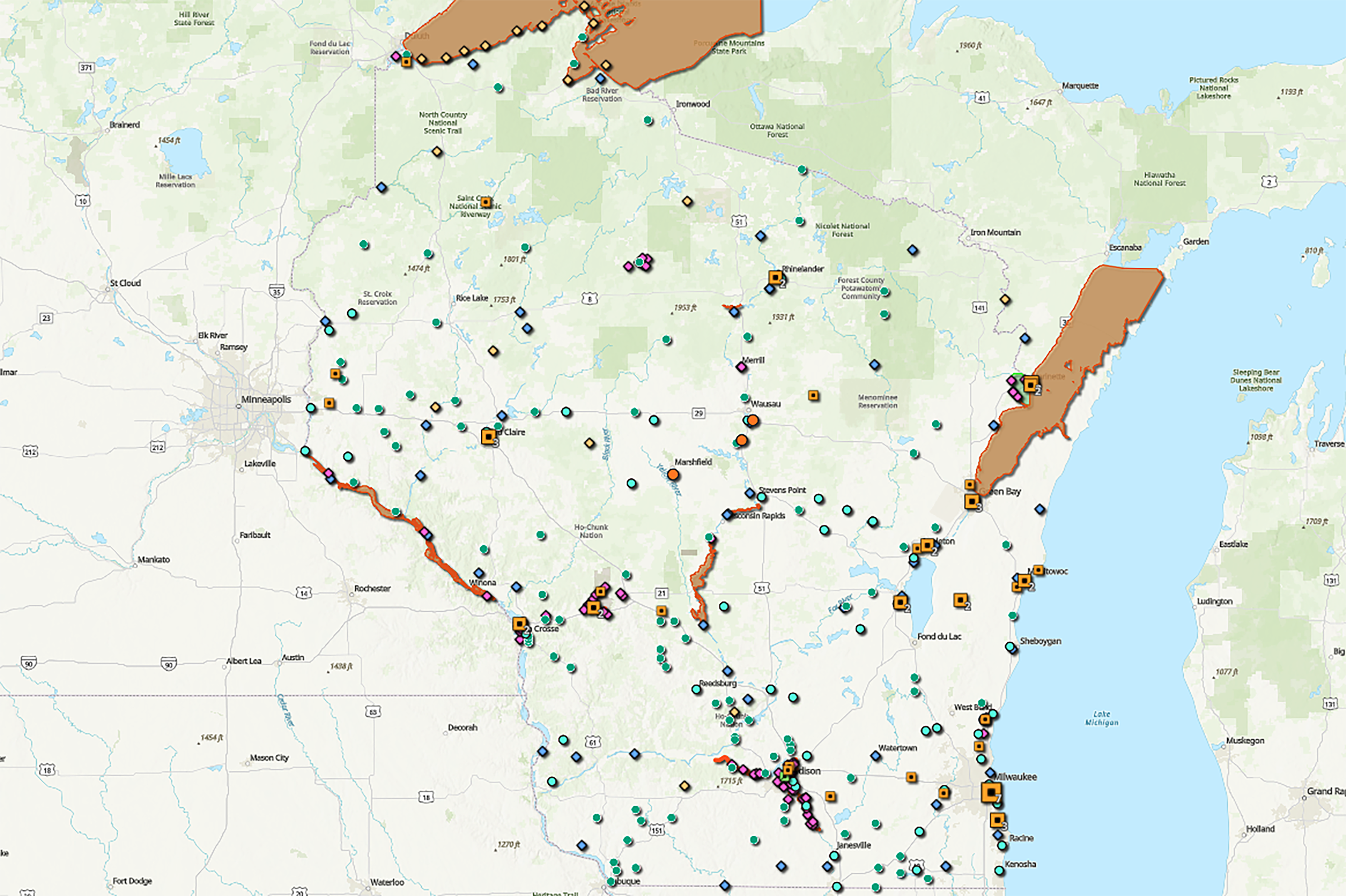 An image of a map of Wisconsin with symbols on it. The map is meant to help inform people about PFAS in the state.