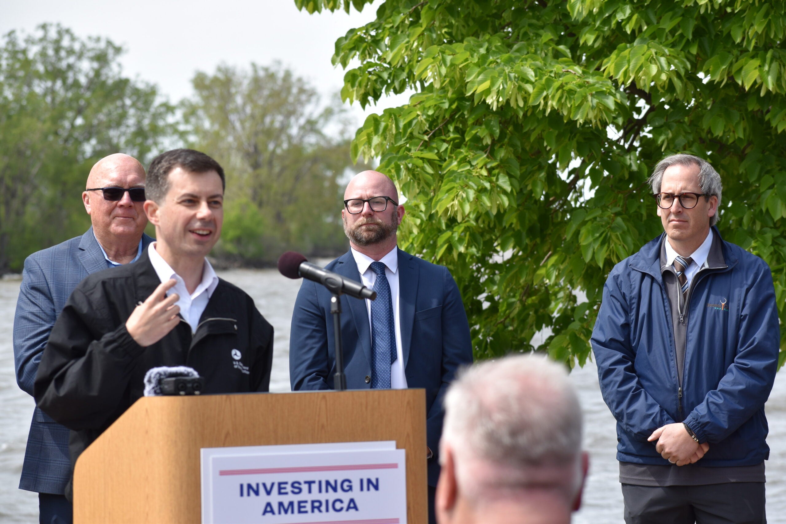 .S. Transportation Secretary Pete Buttigieg speaks at a press conference in Green Bay