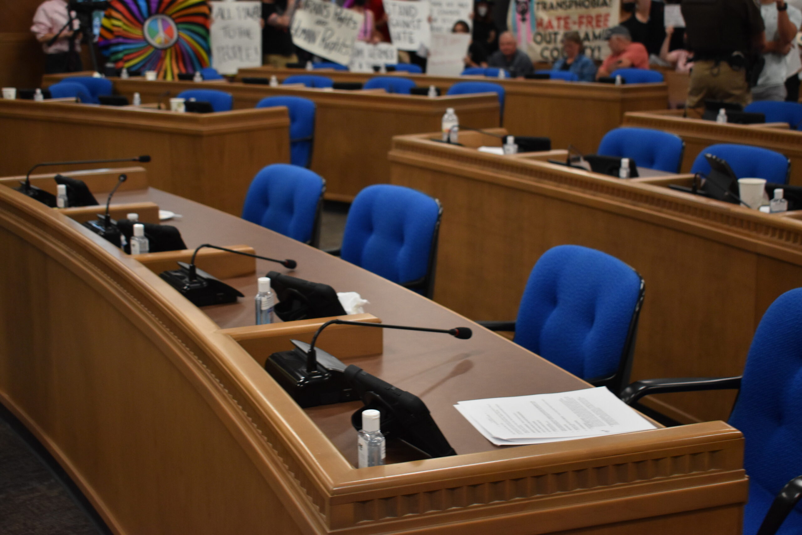 Outagamie County Board seats are empty during a disruption to Tuesday's meeting.