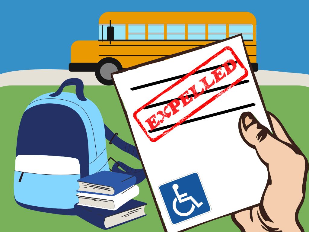 A graphic with a school bus in the background and an arm holding a card that says "expelled" in the foreground, next to a bookbag and stack of books