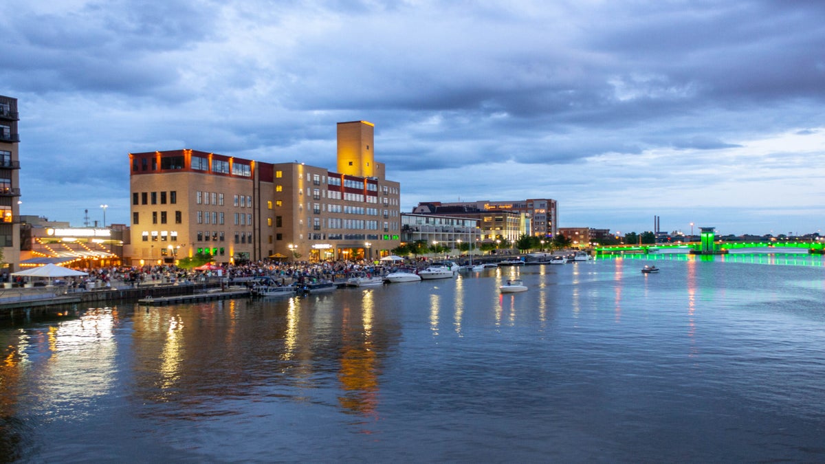 The Bay of Green Bay shines at night.