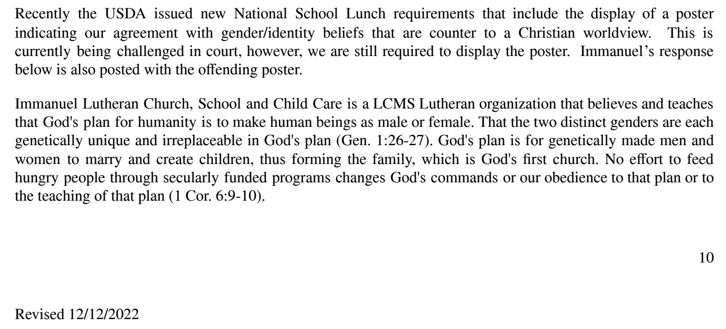 A screenshot from the handbook of Immanuel Lutheran School in Brookfield