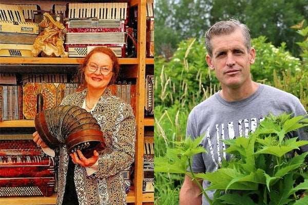 Helmi Harrington on the left, holding an accordion and on the right, Sam Thayer.