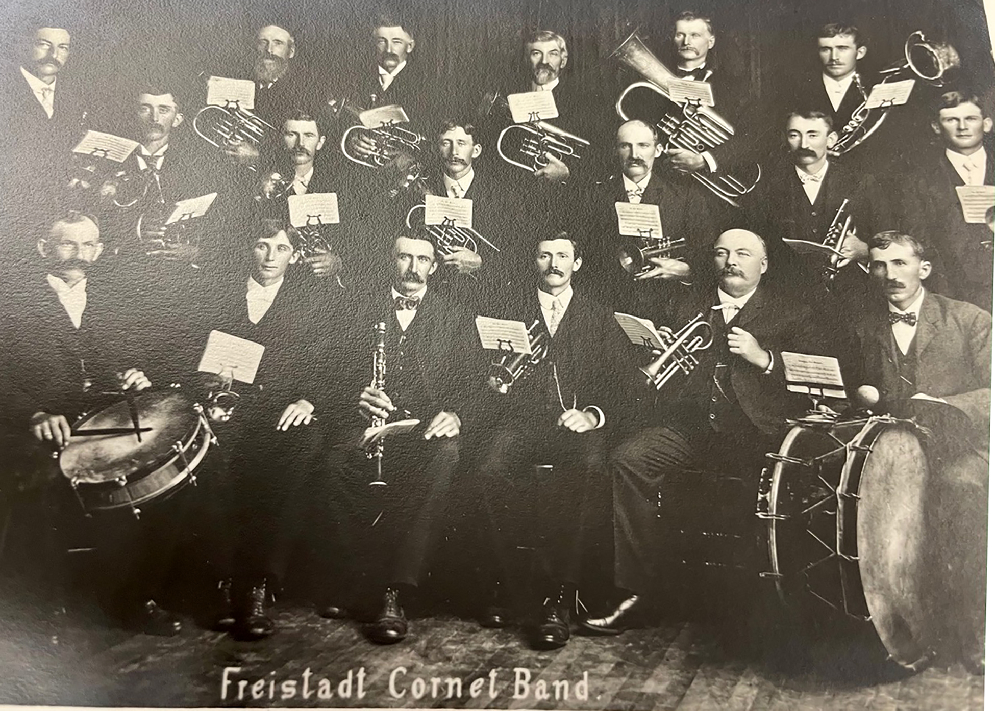 Freistadt Cornet Band poses for a photo with their instruments in 1901.
