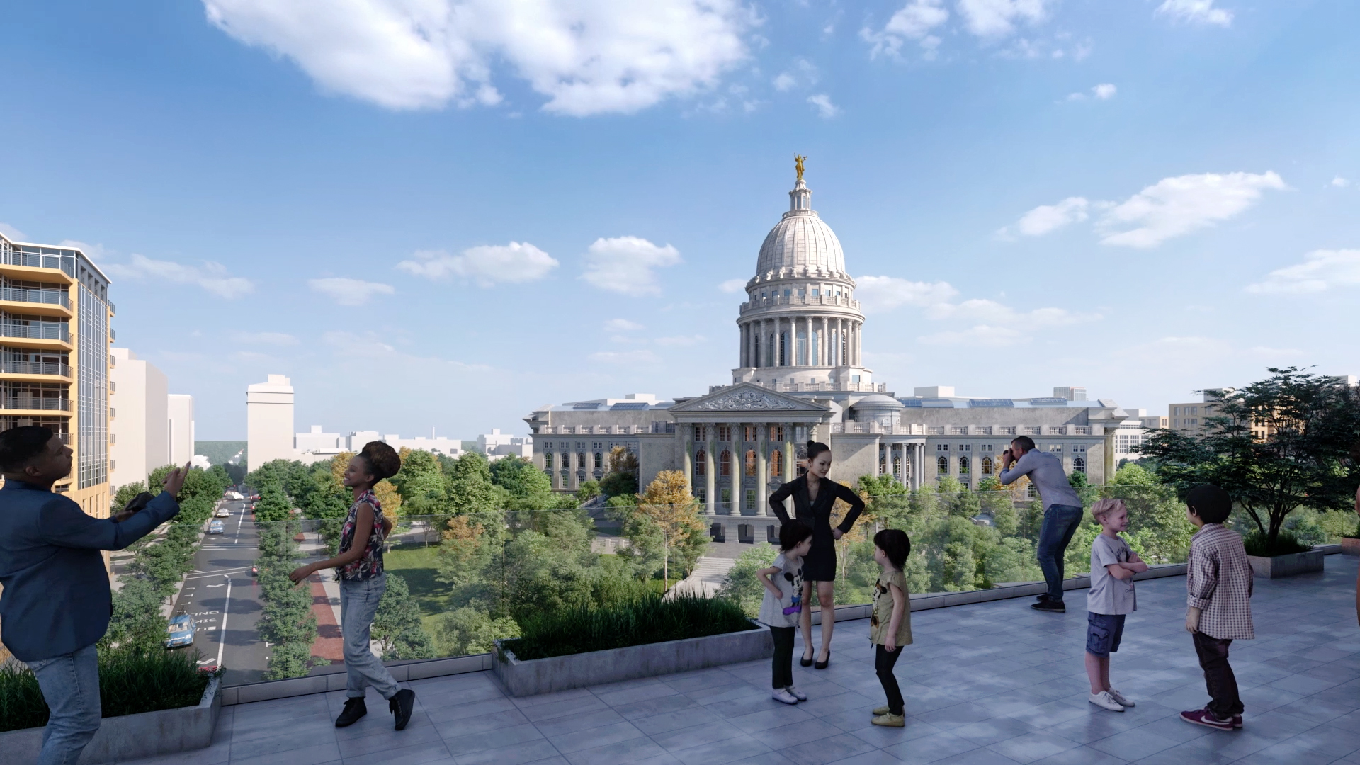 Visitors can enjoy views of the Capitol on the terrace of the fourth floor at the Wisconsin Historical Society's new history center in Madison. 