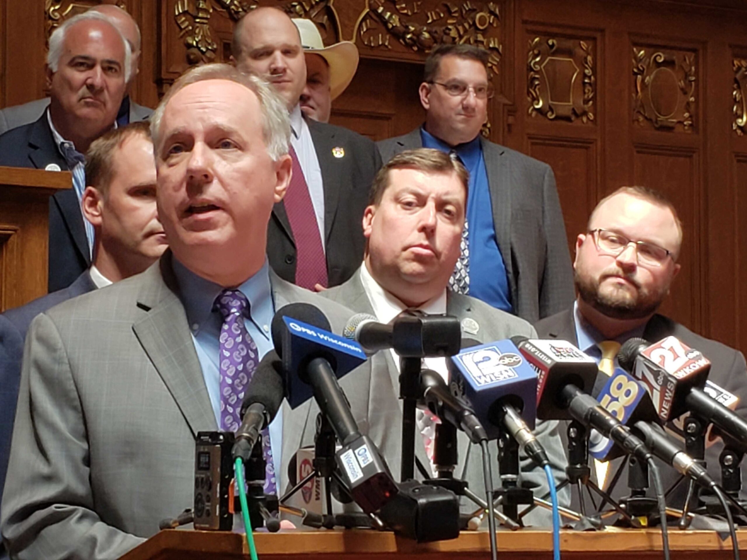 Assembly Speaker Robin Vos speaks at a press conference about a deal on a bill to fund local governments in Wisconsin.
