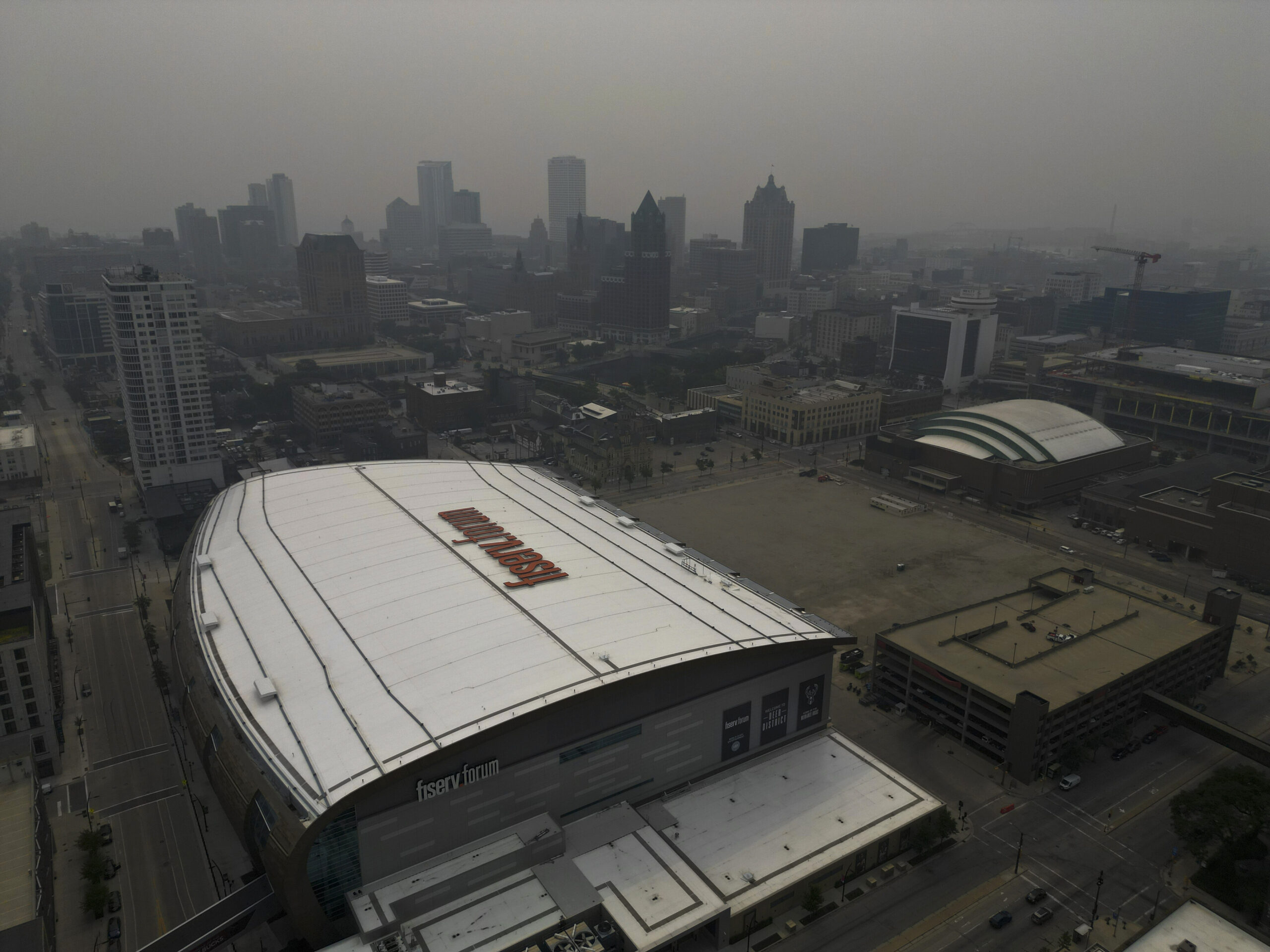 A haze from Canadian wildfires hangs over Milwaukee.