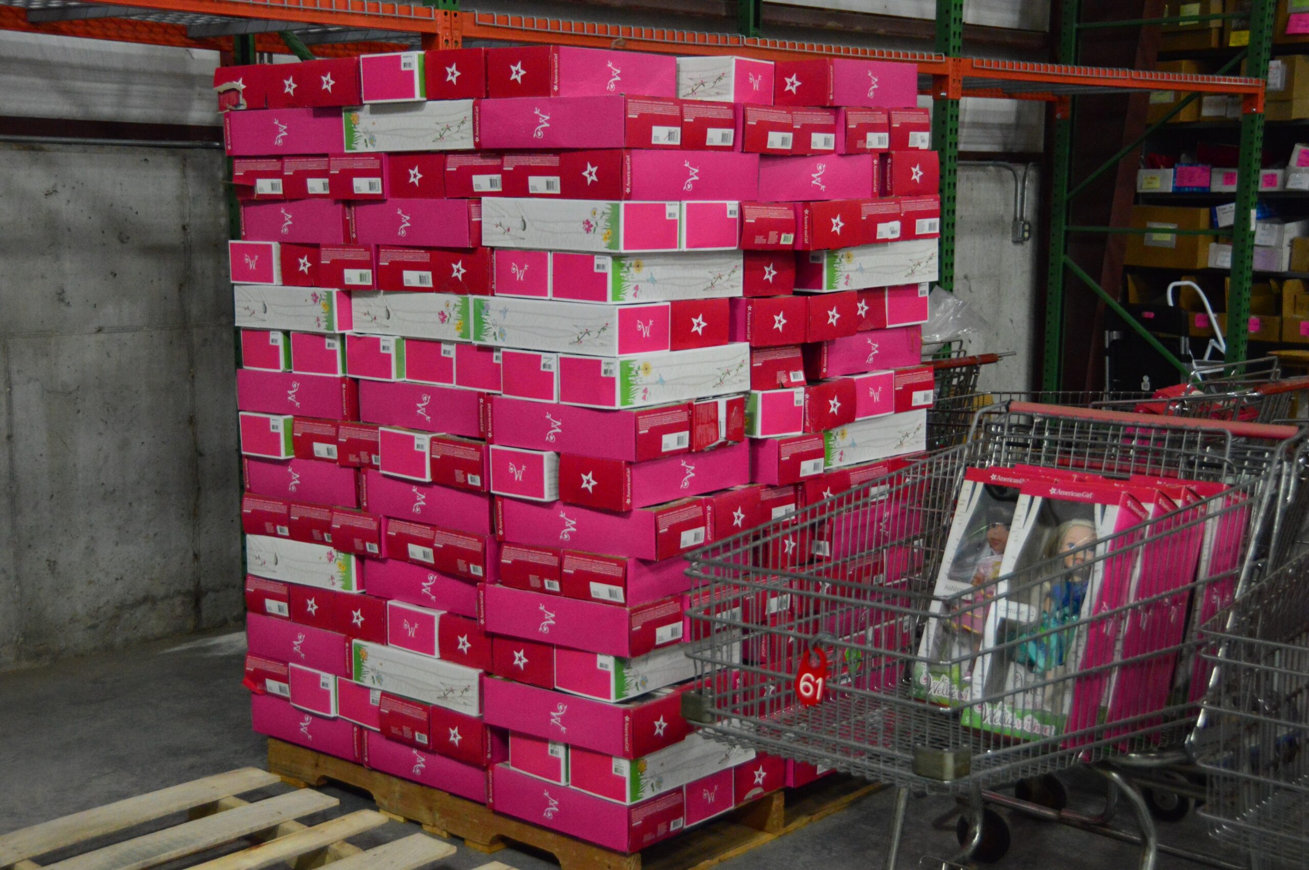 Dolls are stacked in a Middleton warehouse.