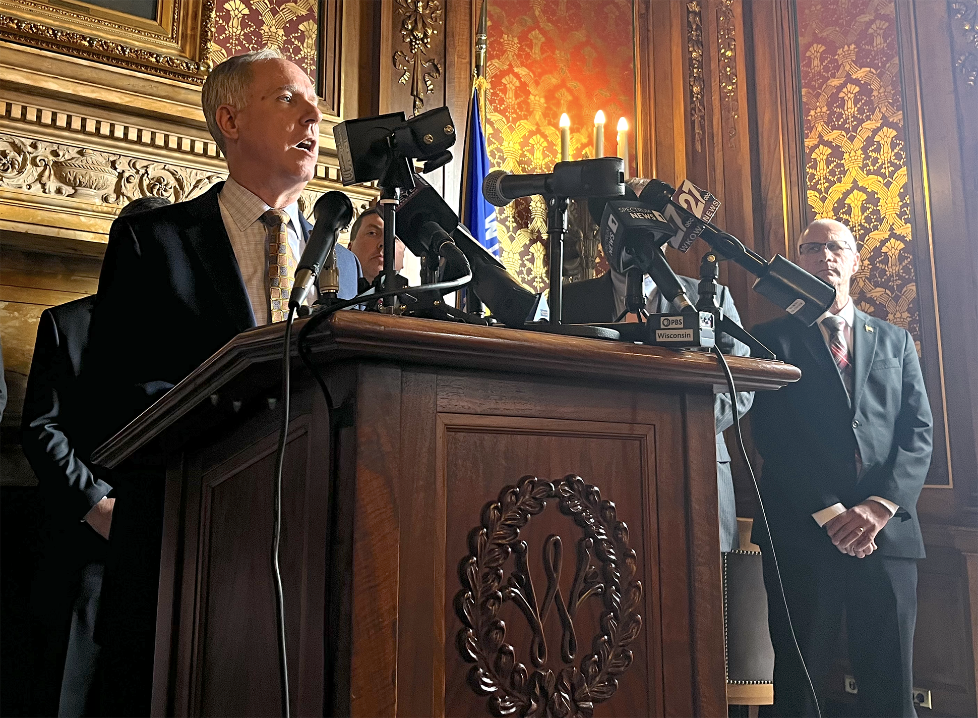 Assembly Speaker Robin Vos speaks at a press conference at the state Capitol.
