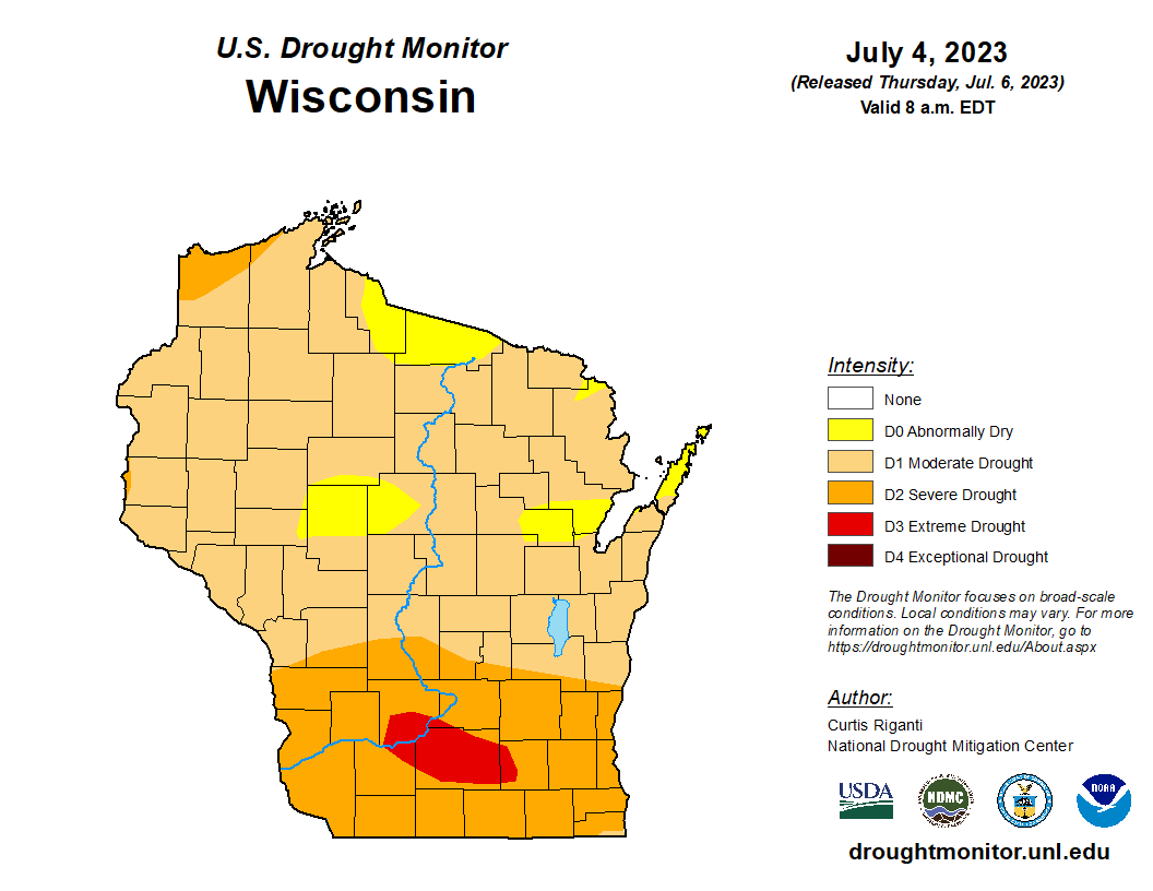 A drought map of Wisconsin's counties.