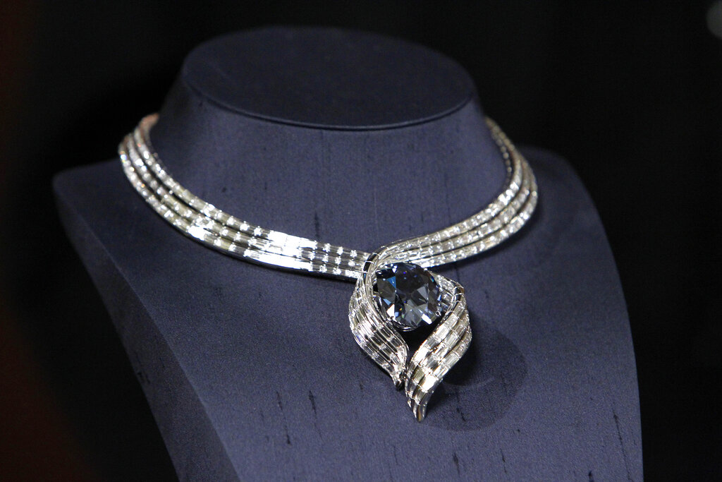 The Hope Diamond is seen in its unveiling of a temporary setting, 