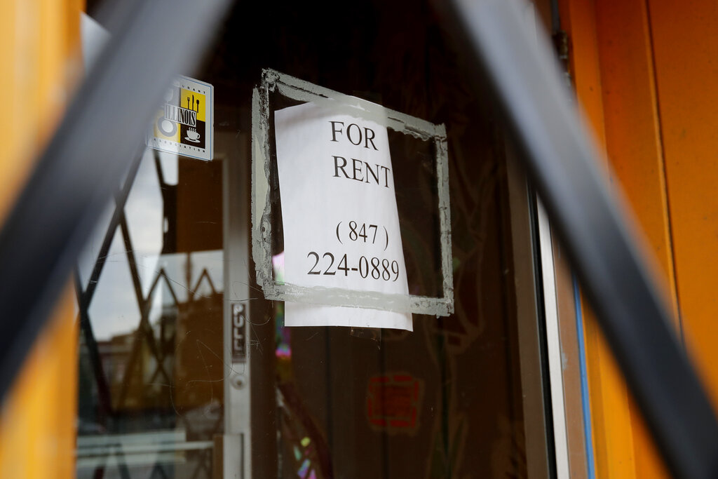 A "For Rent" sign is displayed at a commercial property in Chicago, Saturday, June 20, 2020. The coronavirus has had an impact on the commercial real estate markets. (AP Photo/Nam Y. Huh)