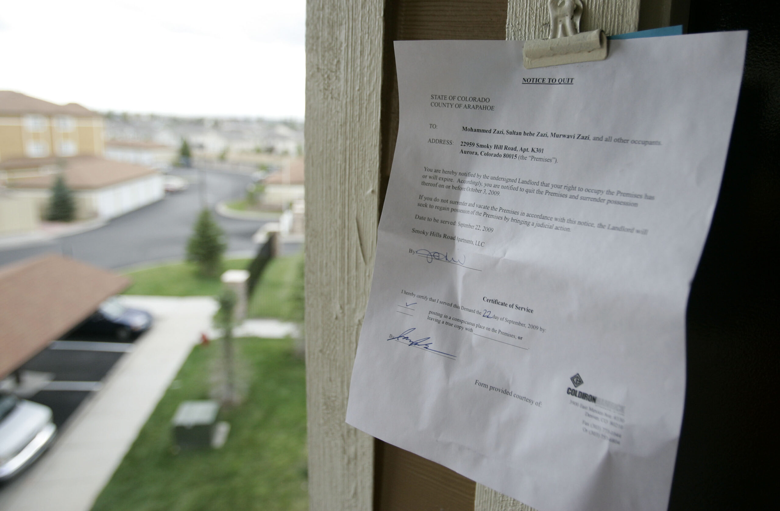 An eviction notice posted on an apartment